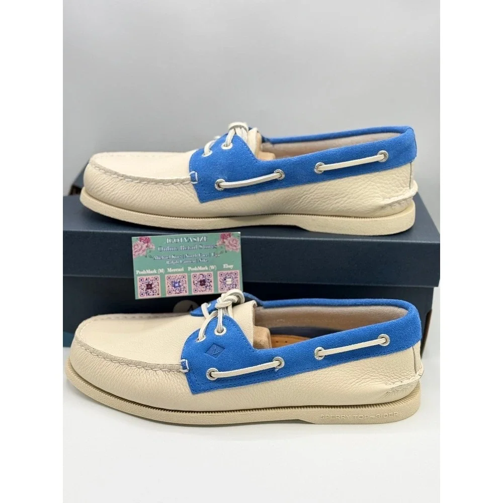 Sperry Top-Sider Authentic‎ Original Mens Cream Blue Leather Suede Boat Shoes